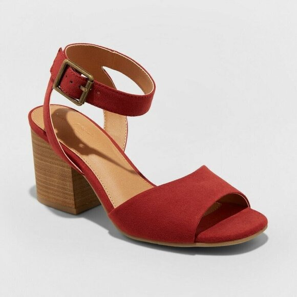 Universal Thread Megan Stacked Chunky Heel Ankle Strap Sandal Red Suede Shoes - Picture 14 of 14